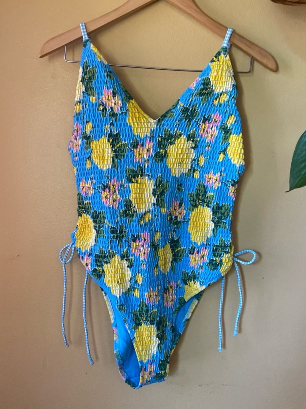 Aerie Blue Floral Smocked One-Piece Swimsuit with Yellow Roses sz L Nwot